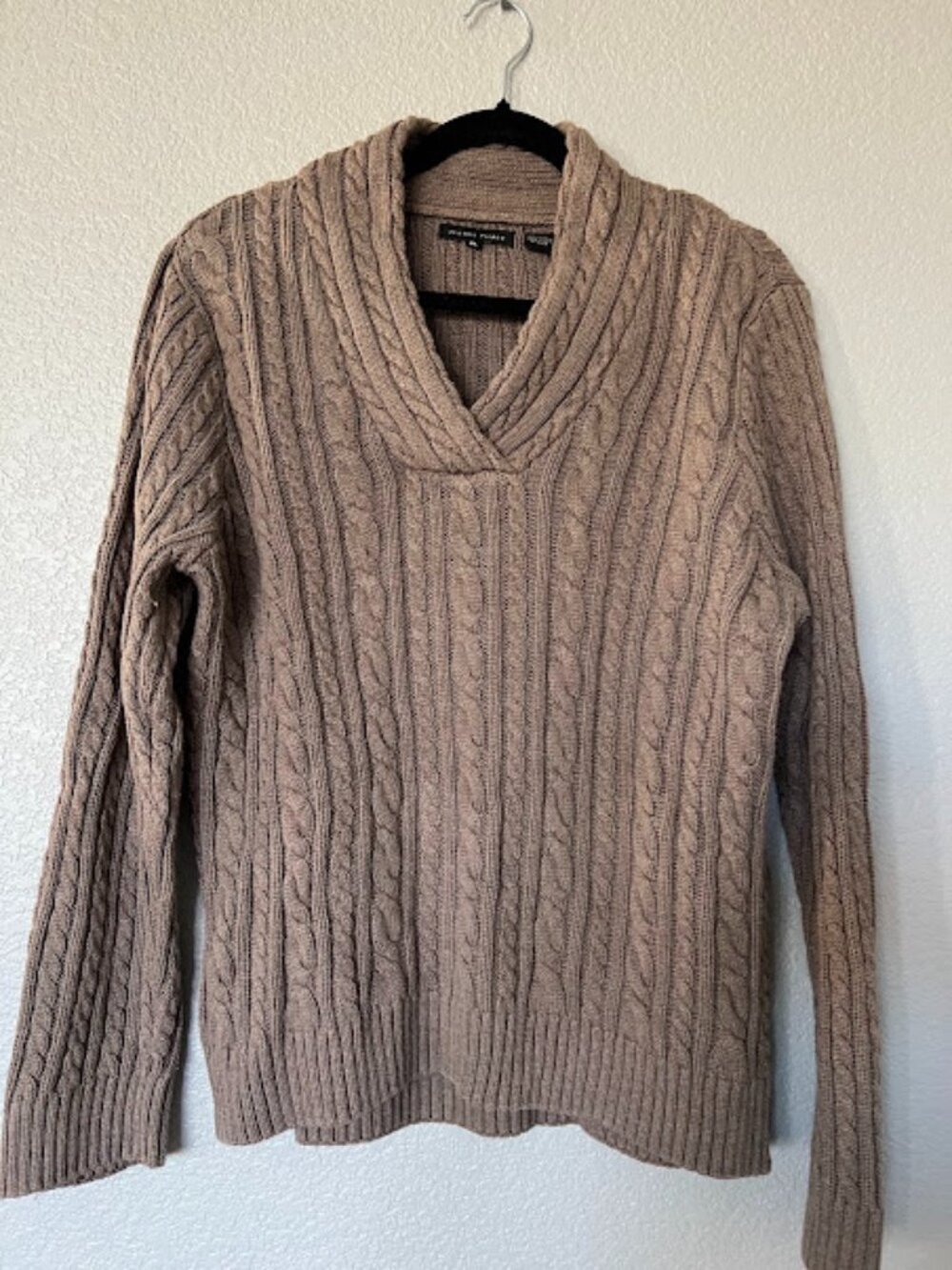 Jeanne Pierre Tan Brown Cable Knit V-Neck Cotton Sweater Size XL